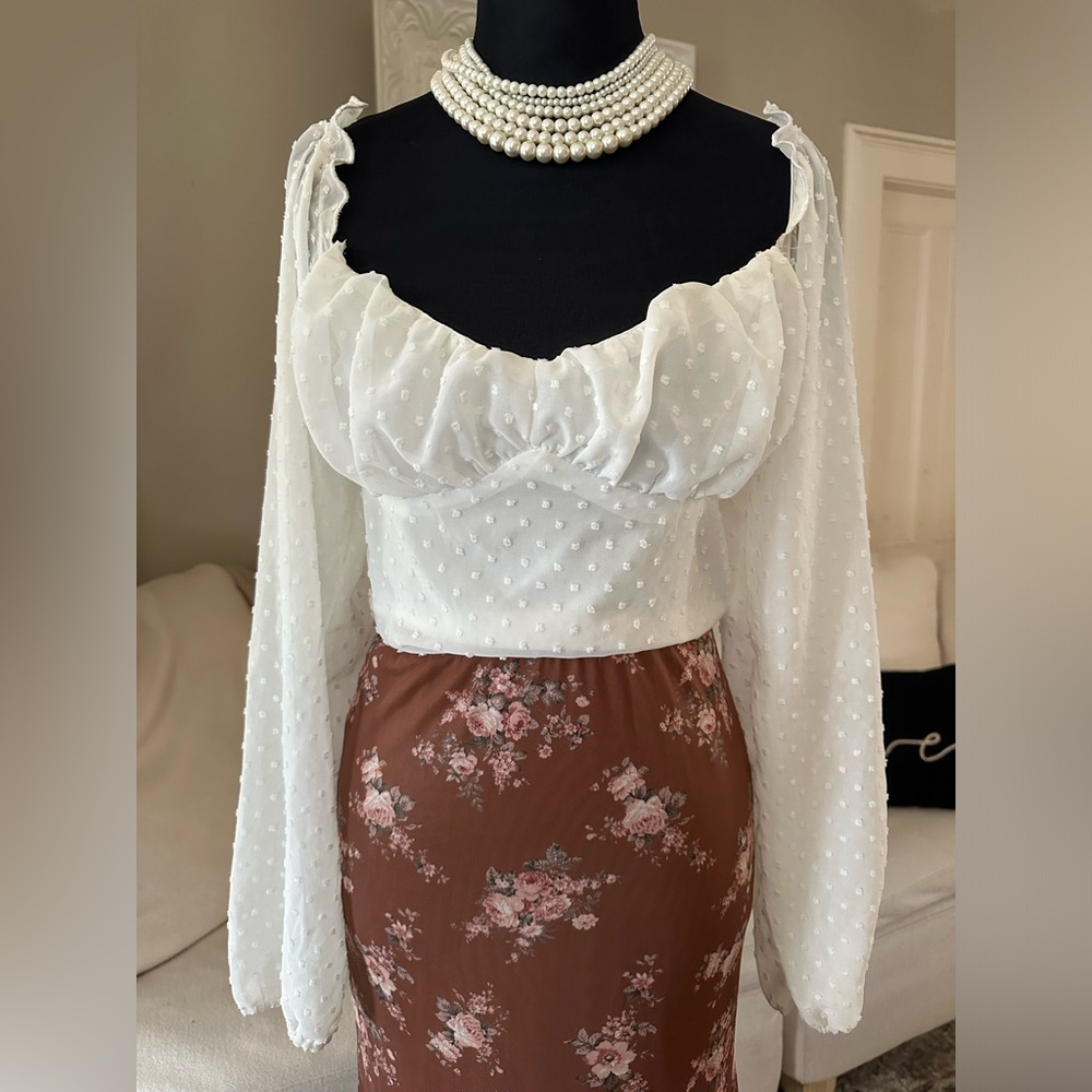 SHEIN Cottagecore Y2K Swiss Dot White Ruched Bust Long Sleeve Crop Blouse Size M